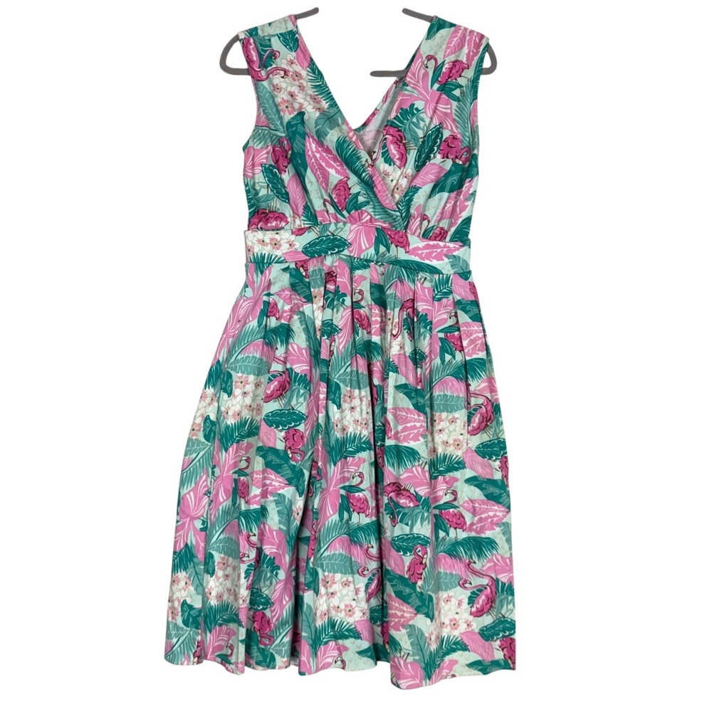 Bettie Page Dress Womens 8 Flamingo Tropical Fit & Flare V Neck Sundress